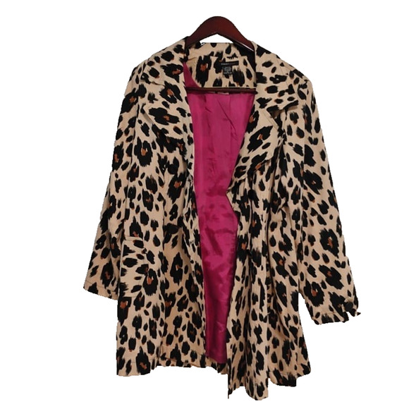 Robert Louis Jackets & Blazers - Robert Louis Womens Cotton Animal Print Tan Black Trench Coat Belted XL leopard